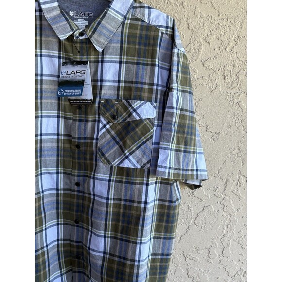 LAPG NWT Green White Cotton Plaid Terrain Shirt Mens X-Large Pocket Short Sleeve - Picture 8 of 10